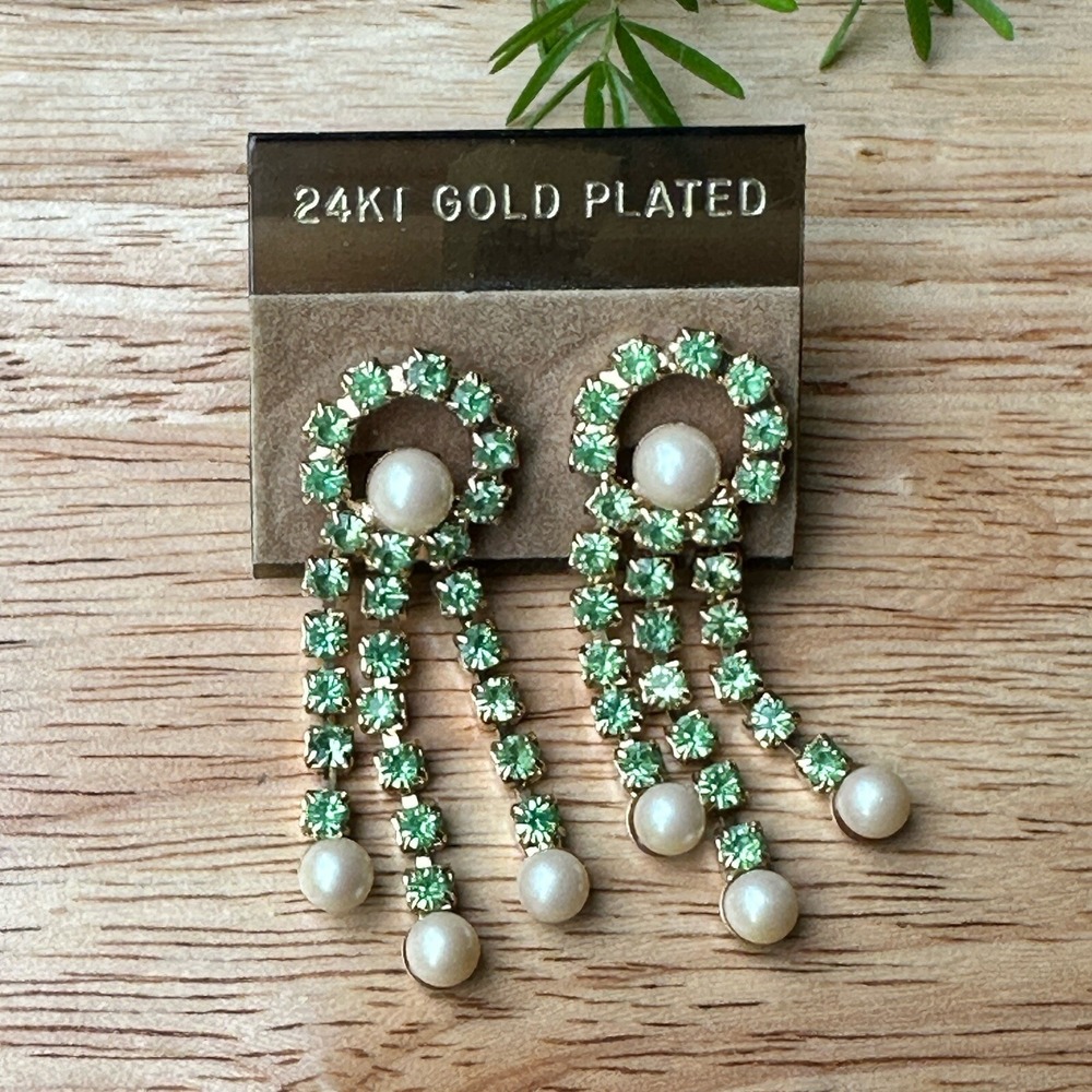 Vintage 24KT Gold Plated Dangle Earrings 1.75 Inch Green Rhinestones Faux Pearls